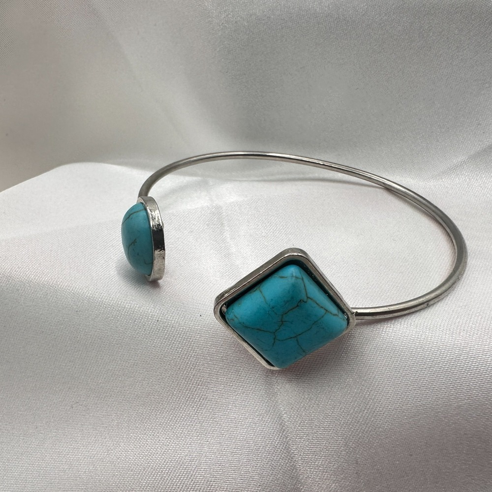 Vintage 90s Faux Turquoise Cuff Bracelet Silver Tone Statement Women's Jewelry